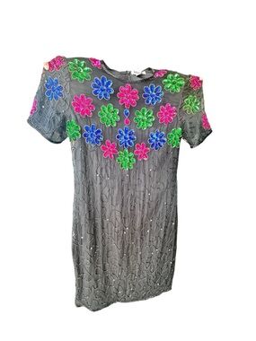Black Short Dress with Neon Sequin Floral Accents